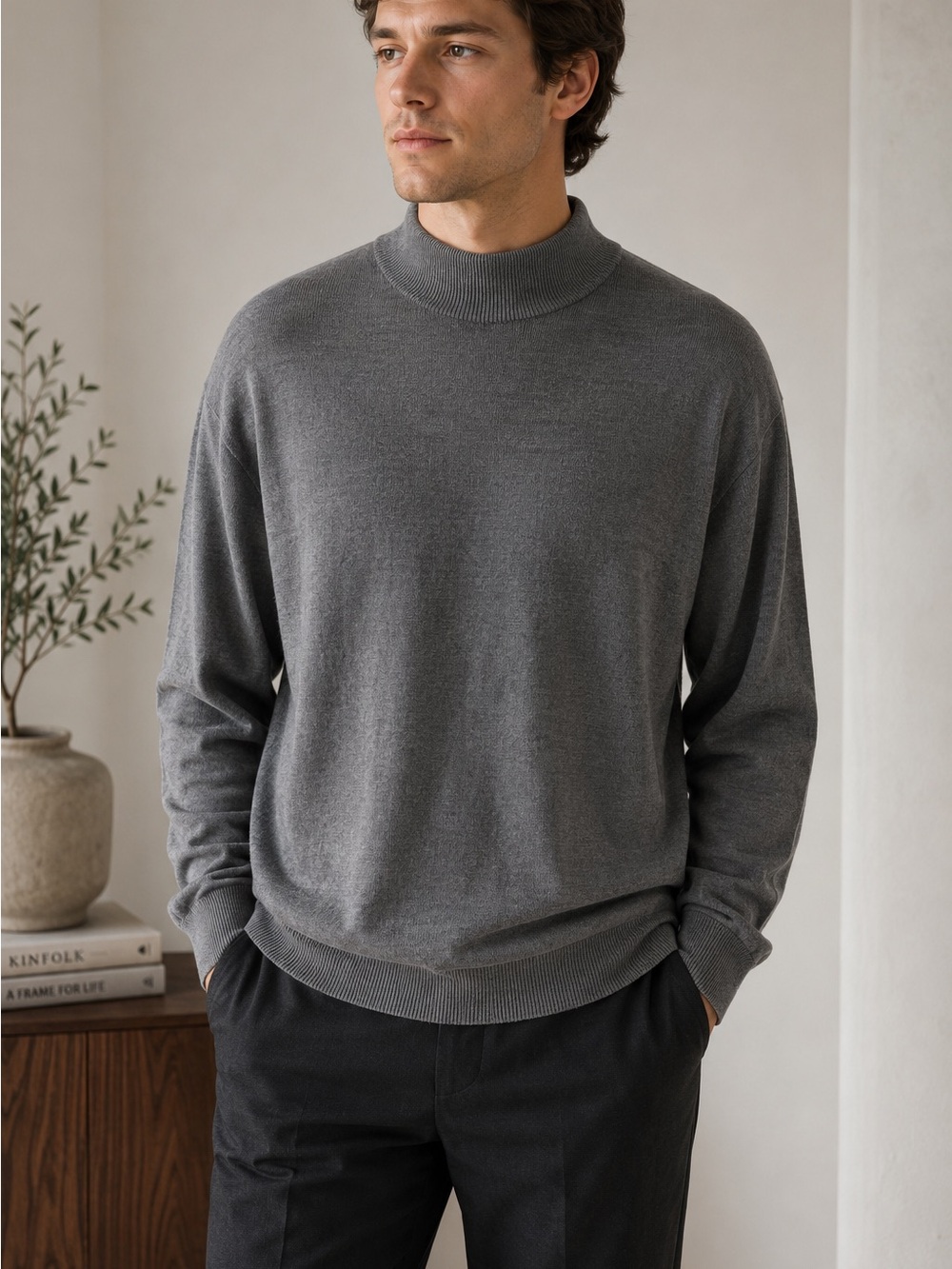 Anthology 100% Silk Gray Mock Neck Knit Sweater Long Sleeve Size L Lightweight